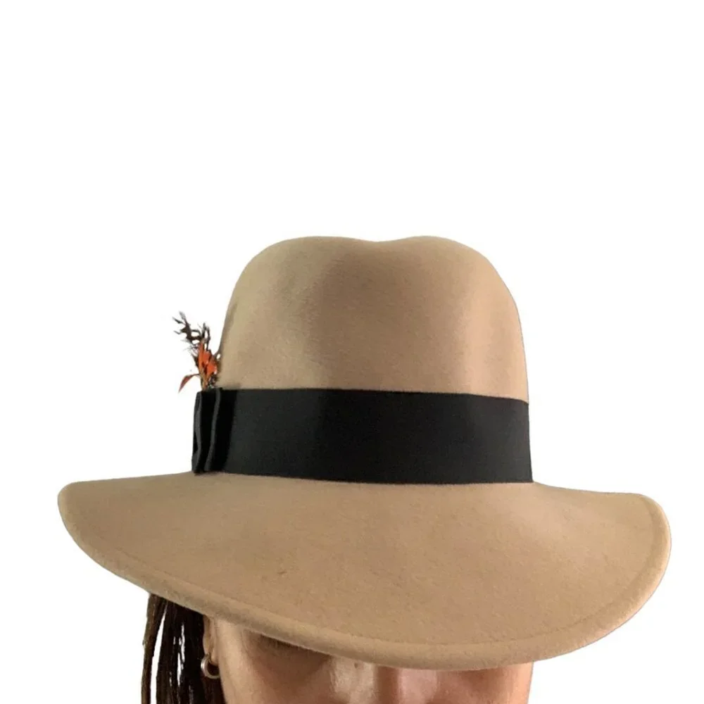 Adolfo Women's Fedora Tan with Feather